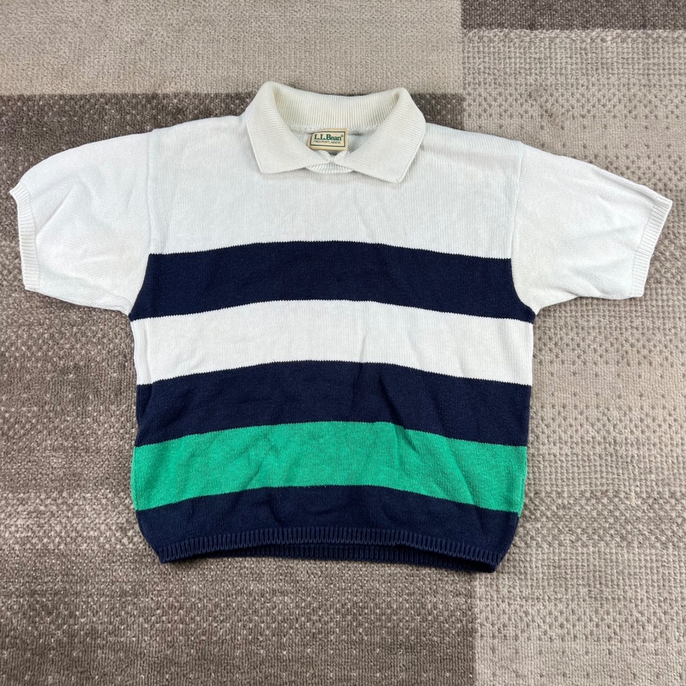 LL Bean Kids Vintage Striped Knit‎ Polo Sweater Short Sleeve Cotton White 7-8